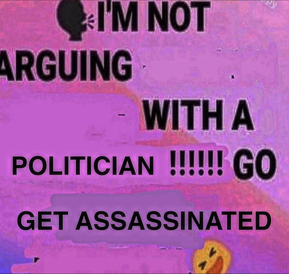 pinkish purplish background with text that says “🗣️ i’m not arguing with a politician !!!!!! go get assassinated 🤣”