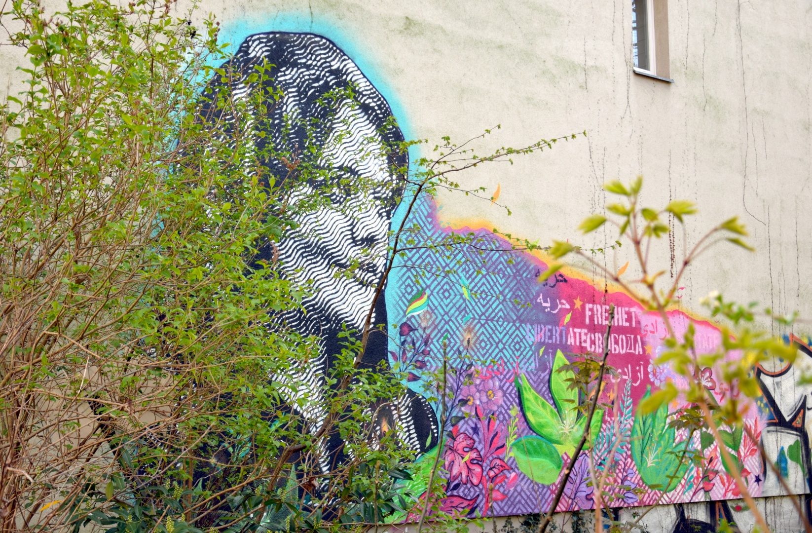 Graffiti in bunten Farben mit dem Motiv von Jina Mahsa Amini mit dem Text Freiheit in vier Sprachen