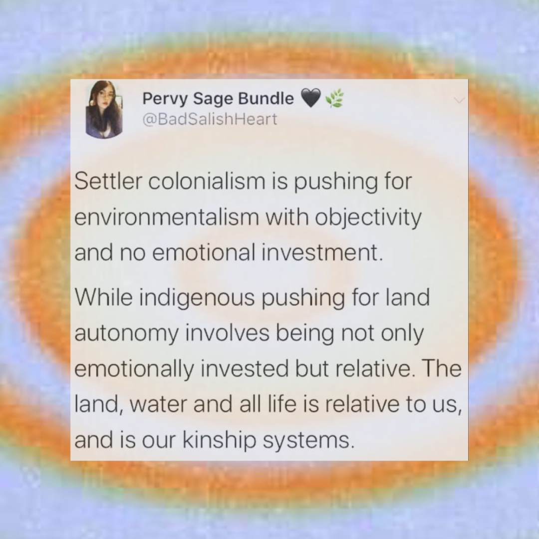 Graphic with a light blue and orange spiral background, and a slightly transparent white textbox reads: settler colonialism is pushing for environmentalism with objectivity and no emotional investment- while indigenous pushing for land autonomy involves being not only emotionally invested but relative. The land, water and all life is relative to us, and is our kinship systems. -Pervy Sage Bundle, BadSalishHeart