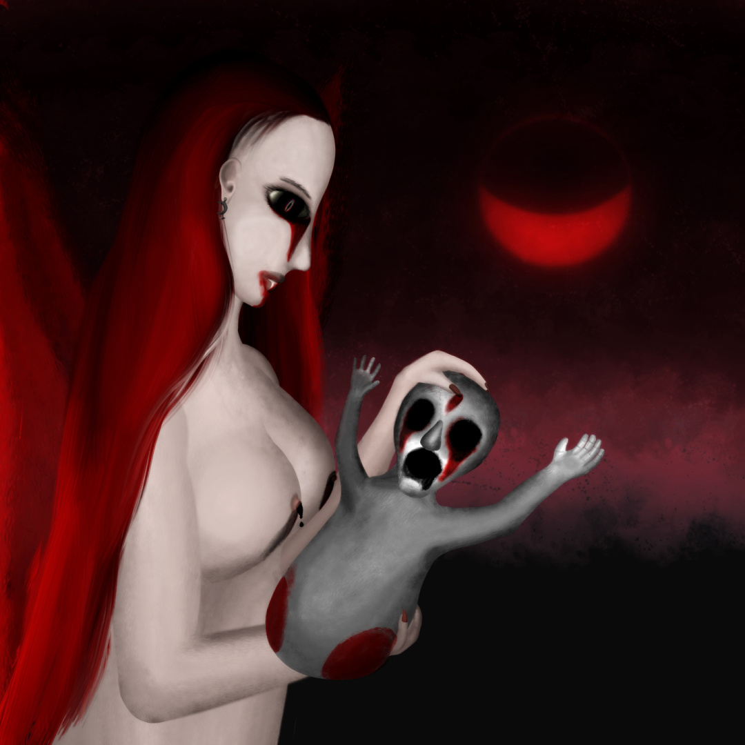 Background: dusk sky with a red crescent Moon facing upwards. Horizon, below Moon, has reddish clouds, base of which has blurry shapes suggesting either a forest or a mountain range far away.

Foreground: She has contained red wings, pale skin, no clothes, long flowy and glowy red hair, dark red lips with a fang, long red nails, black eyes with tapetum-like glow and vesica-shaped irises (concentric rings from the pitch black of pupil, innermost ring with green, outer ring layer vertically ranging from glowy red at the bottom to purple at the top of the ring; the outer fades out to pitch black of sclera). Depicted from belly upwards, as the scene is close to Her, facing sideways and slightly downcast, smiling as She looks at a being She's holding.

The being is a terrified grayish, gory limbless, baby-like creature. She lactates a black milk, which can be seen dripping from the being's mouth.

There's way more but the character limit doesn't allow me to be too detailed: blame Pixelfed!