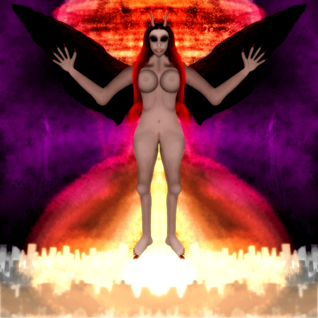 In the background, there's a grayish generic city landscape (with shapes resembling skyscrapers, without further detailing). The sky is purplish, alluding to cosmically ionized atmosphere, and there are visible purple "sprites" (atmospheric phenomena involving electrical discharges coming from the highest atmospheric layers, often due to the interaction between the atmosphere and cosmic radiation). Amidst and above the city, there's a gigantic nuclear explosion, with an equally gigantic mushroom cloud at the top, as well as a city-sized shock wave dome coming from the center.

In the foreground, She stands while hovering at high altitude above the urban landscape. She is grinning with visible vampire fangs. Her arms are raised in a W shape (alluding to that quite famous Mesopotamic statue of Inanna/Ishtar/Astarte). Her overall anatomy is as detailed as possible, with a few mistakes because the anatomy was drawn from scratch. In this drawing, She has a darker skin ("pardo"/Latino skin).