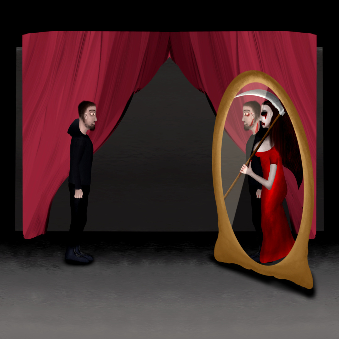 A man stands in front of a classic oval mirror with a golden wood frame. While he's seemingly alone, the mirror shows otherwise: in his reflected image, there's a feminine personification of Death besides him. His reflected version is bleeding. 

The man has dark-brown beard and short hair, and he's wearing a black sweatshirt with its hood lowered behind his neck, dark blue jeans pants and dark blue shoes. He looks simultaneously weary and confused while looking at the mirror. 

The Lady Death is pale skinned with hollow black eyes, long dark red hair, long red fingernails (only visible on her thumb finger, which is sustaining the handle of her scythe), dark red lips, black wings, and She's wearing a long and flowing shoulderless red dress which accentuates her large breasts. Both her eyes and lips have blood streaks, and a vampire fang protrudes from between her lips. She seems serene.

In the background, there's a red curtain typical from theatrical stages, partially open.