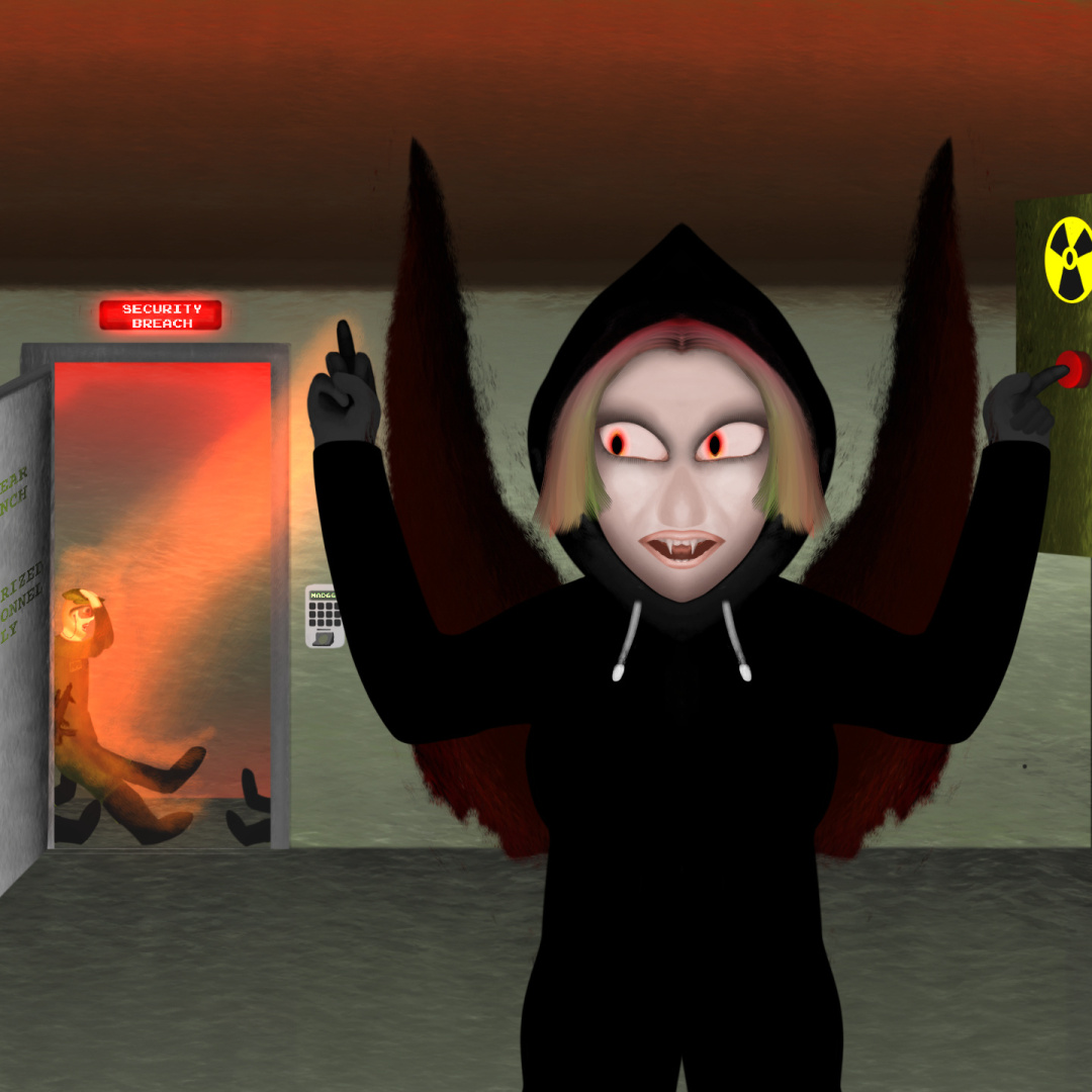 As a pale, blonde woman, with colorful strands, red irises and glossy lips, wearing a black sweatshirt with a hoodie and hoodie cord, She presses a red button on a nuclear-labeled, olive green metallic box on the wall, inside a military bunker room. Her face is one of mischievousness, as She smiles, smirks (with a relaxed tongue tip behind the upper teeth), and side-looks and shows a middle finger to a soldier in the corridor in the background. The soldier is being flung backward and burnt by a flame force She's casting onto him. Two other soldiers are down, with only their boots visible near the doorstep. The door is metallic and it reads "Nuclear launch, authorized personnel only". Next to the doorway, there's another metal panel, one with a keypad and a fingerprint reader, and its display reads "MAD66" (portmanteau of Mutually Assured Destruction and 666). Above the doorway, there's a sign glowing red that reads "Security breach". The corridor also has a red glow from alarms.