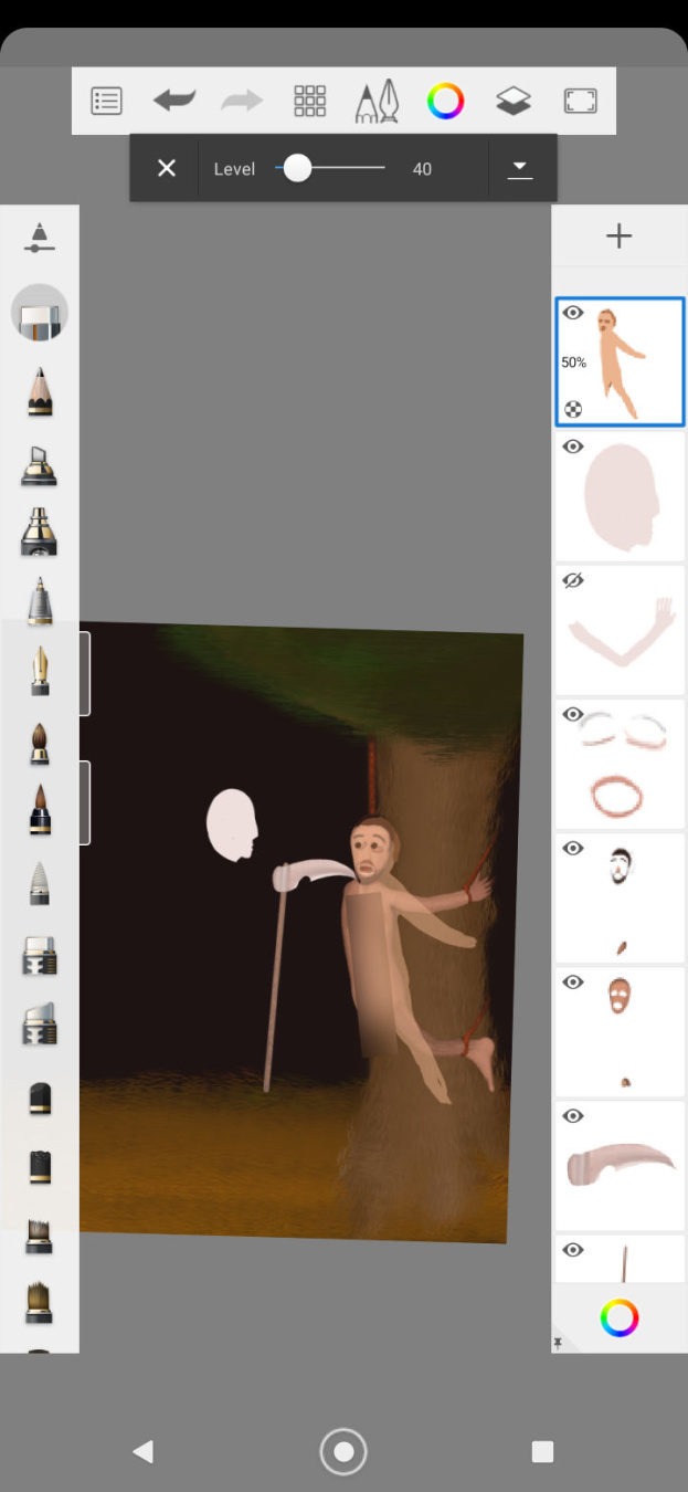 Screenshot of Sketchbook app (drawing app) depicting a work-in-progress drawing, alongside part of the layers involved in the drawing. The drawing depicts a scared man, tied and hanged to a tree trunk, as the Reaper (unfinished drawing, only the scythe is visible, as well as the initial draft of Her face complexion) approaches him. The man is originally naked, but the screenshot is redacted and blurred so not to depict the nakedness.
