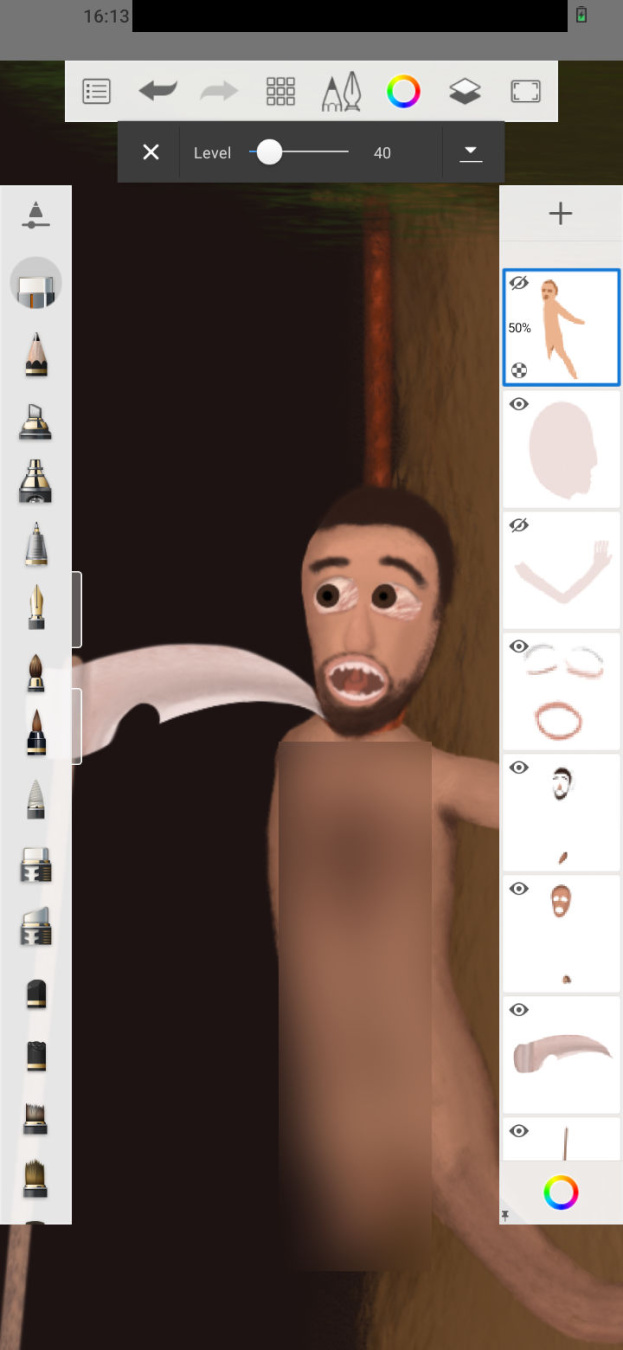 A closer part of the previous drawing, depicting the man's face without the draft overlay. His nakedness is censored once again.